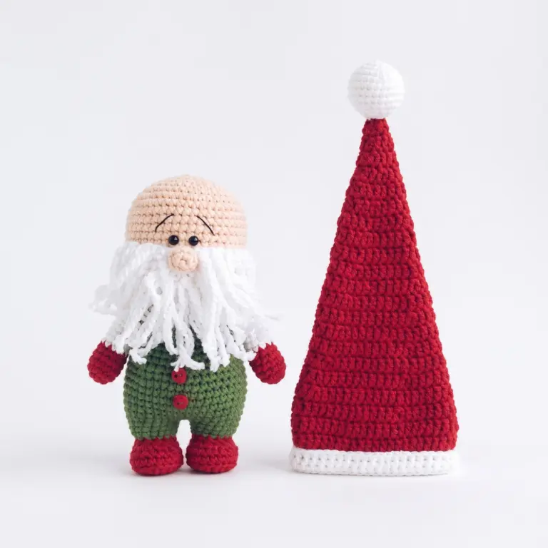 Assembled gnome body with beard and buttons next to the separate red and white hat