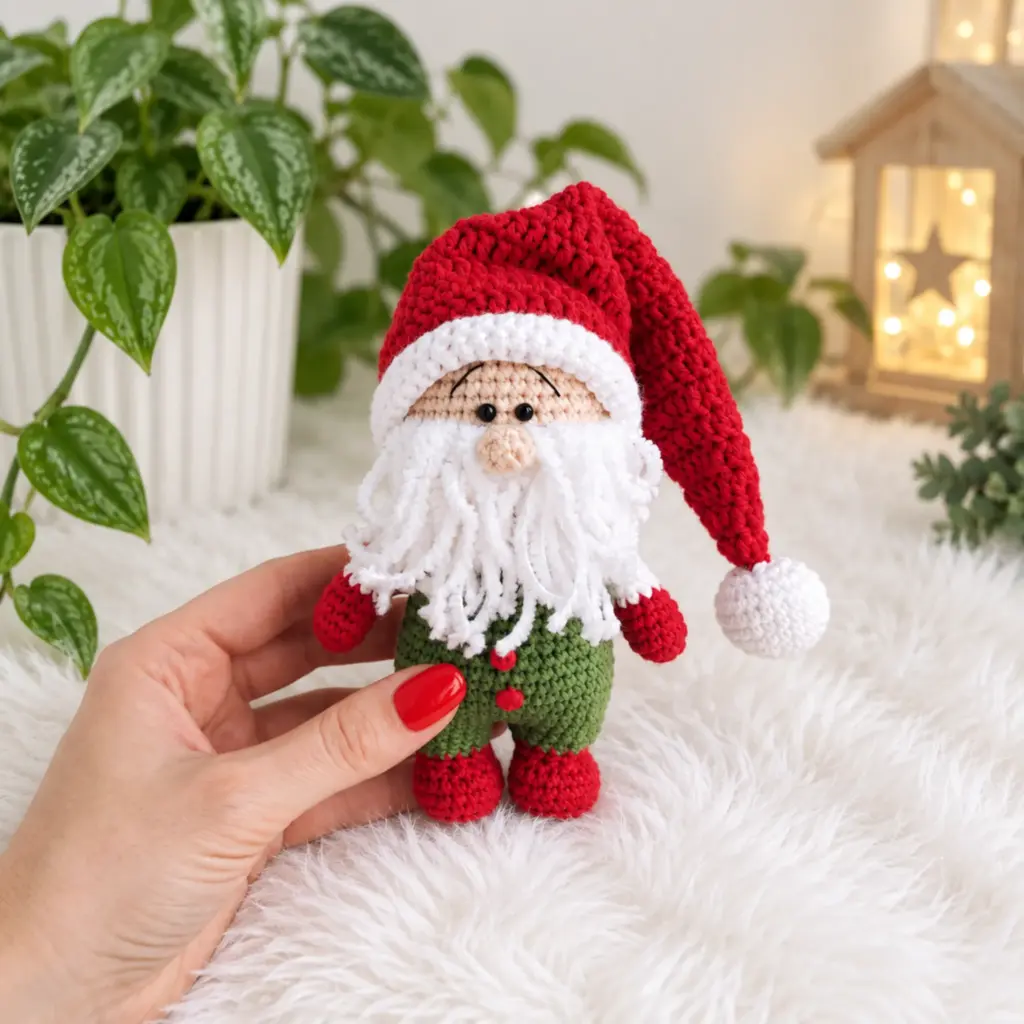 Finished Christmas gnome amigurumi sitting on a fur rug beside a potted plant and lantern
