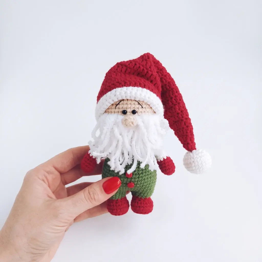 Finished Christmas gnome amigurumi with hat, beard, and buttons fully assembled