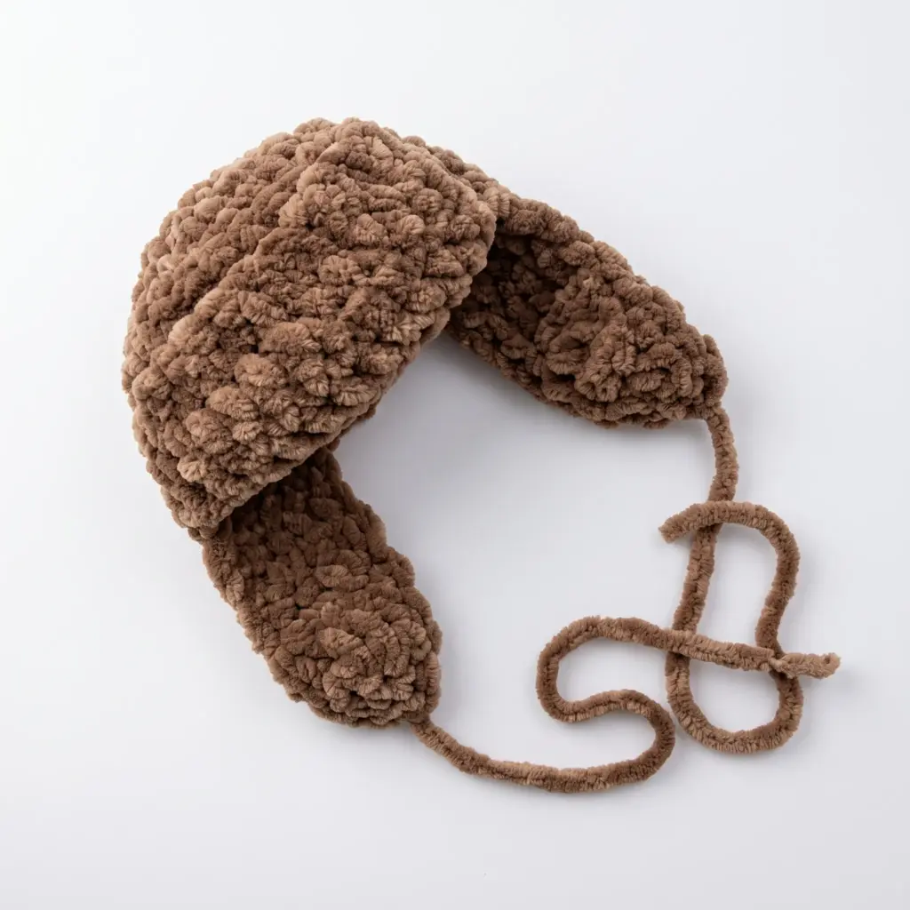 Finished tan crochet ushanka hat pieces laid flat before assembly
